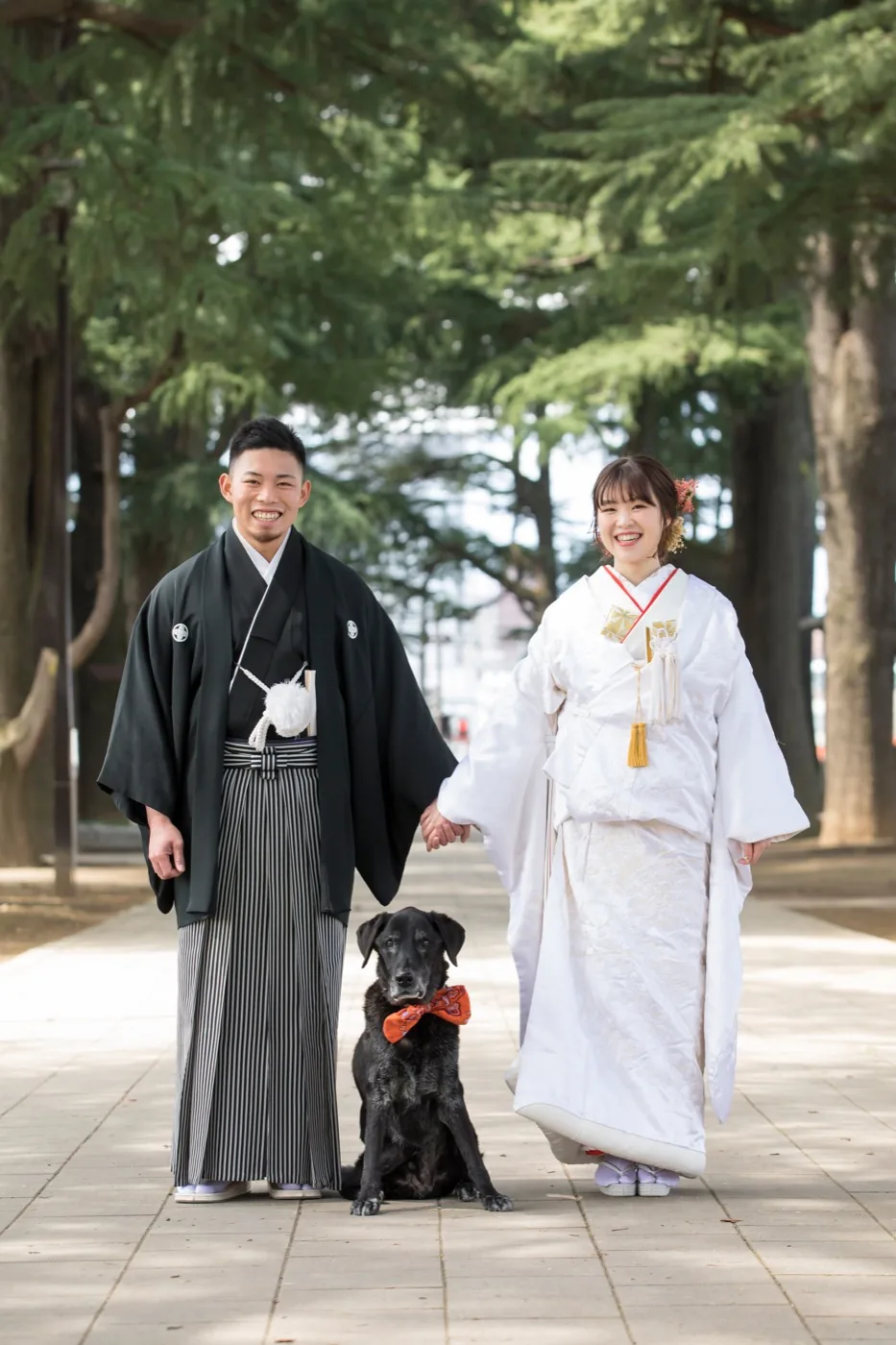 あがたの森のヒマラヤ杉の並木道で、黒い犬をあいだにして手をつなぎ笑う、白無垢の花嫁と黒紋付袴の花婿