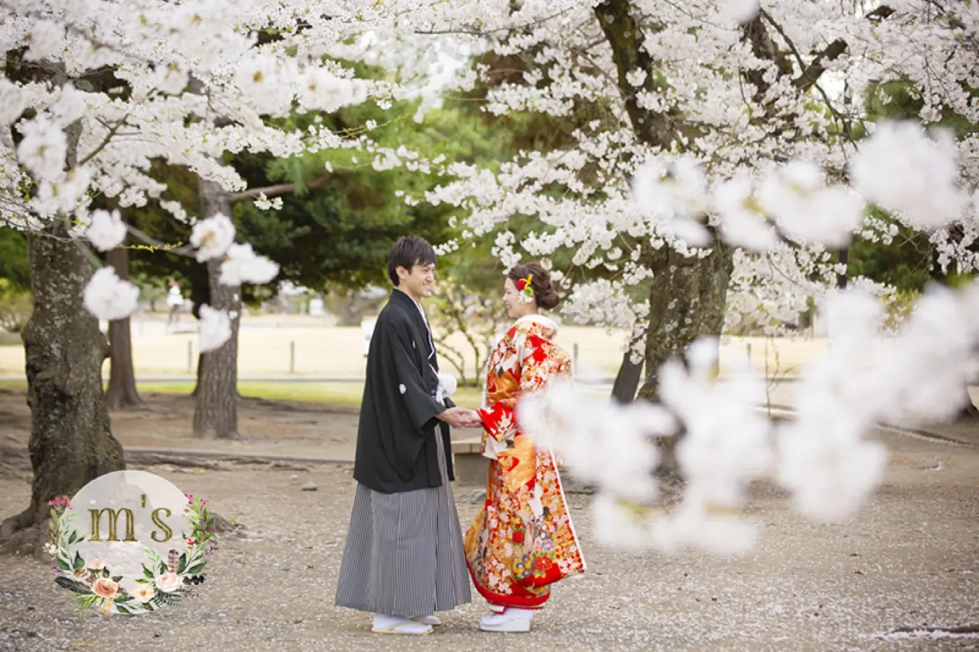 桜の花越しに撮影した、色打掛の花嫁と黒紋付袴の花婿